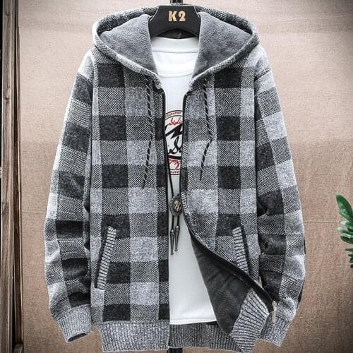 2021 New Winter Mens Plaid Fleece Cardigan Hooded Coat Male Zipper Knitted Thick Warm Knitwear Sweater Comfortable Clthing