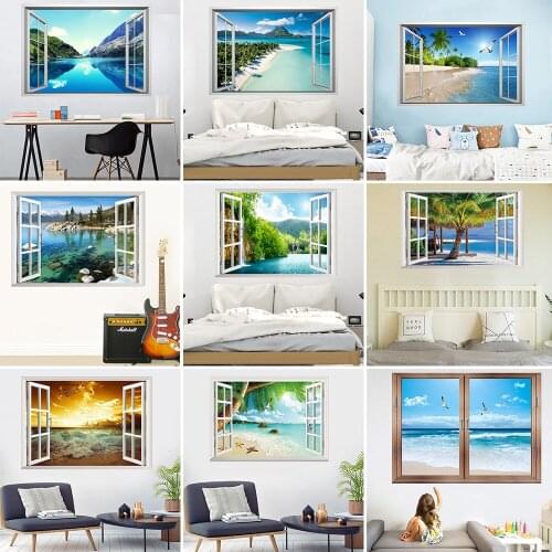 New beach seagull balloon 3D false window landscape wall sticker bedroom living room decoration painting