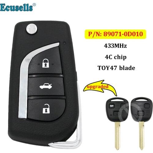 Upgraded 2/3 buttons Remote Key Fob 433MHz 4C chip for Toyota Yaris Avensis Corolla P/N: 89071-0D010 with uncut TOY47 blade