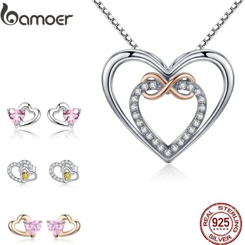 BAMOER Genuine 100% 925 Sterling Silver Double Heart Pendant Necklace for Women Fine Jewelry Valentines Day Gift