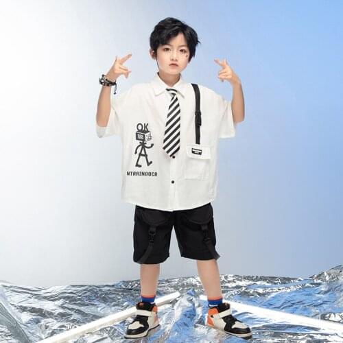 Boys Girls Short Sleeve Tie Casual Shirts Streetwear Hip Hop Sports Shirt Tracksuit for Kids Shirts Children Stage Clothing