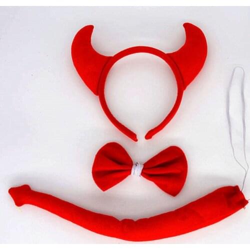 Red Devil Headband Demon Horn Hair Band Bow Tie Tail Women Girls Cosplay Props Masquerade Party Dress Decor Halloween