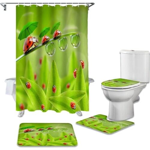 Plant Green Leaf Ladybug Durable Waterproof Shower Curtain Set Bathroom Rugs Carpet Toilet Seat Cover Pad Floor Mat