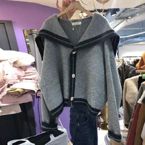 Pull Femme Autumn Winter Thick Sailor Collar Cardigan Coat Casual Loose Contrast Knitted Tops Jumpers Sueters De Mujer All-match