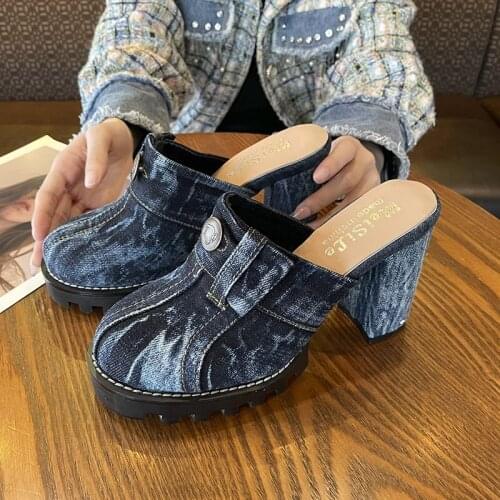 2021 Summer Denim Women Slides Sandals Closed Toe Thick Square Heel High Heels Platform Shoes Woman Slip Slops