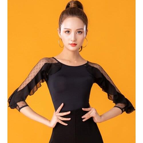 Latin Dance Costumes For Women Adult Long Sleeve Lace Black Clothes Rumba Dance Shirt Samba Dance Tops Tango Dancewear DQL3792