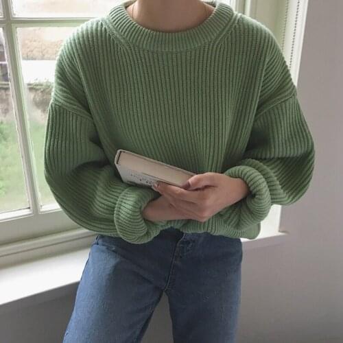 Autumn Winter 2021 Woman Sweaters Green Vintage Pullovers Long Sleeve O-Neck Knitted Harajuku Oversized Pink Jumpers