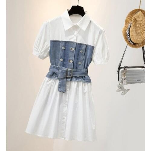 Summer Short Sleeve White Shirt Dress Women Casual Turn Down Collar Splice Denim Fake Two Office Dresses Robe Femme Vestidos 4XL