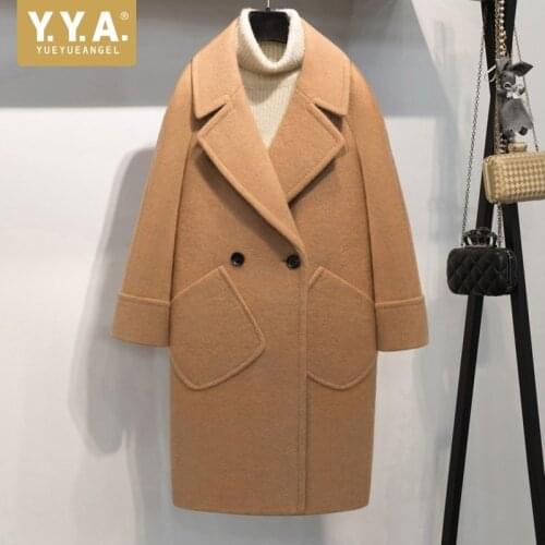 Qualities New Brand Womens Medium Length Outerwear Coats Korean Fashion Long Sleeve Lapel Loose Casual Female Woolen Overcoats