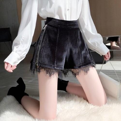 2020 autumn and winter new design outer wear lace stitching high waist a-line boot shorts gold velvet wide-leg shorts DK517