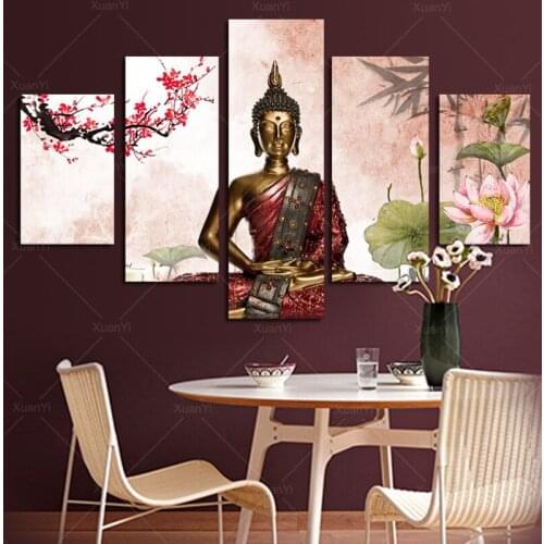 5 Panel Oil Painting Buddha Status Painting Canvas Wall Art Poster Cuadros Decoration Wall Picture For Living Room Unframed