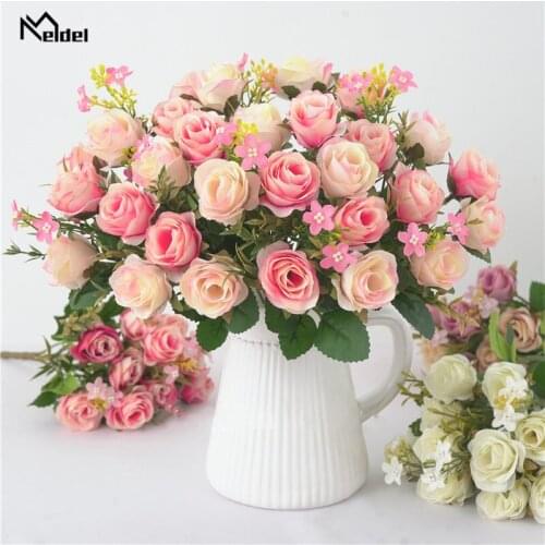 Meldel Artificial Flower Mini Bouquet 5 Forks Silk Rose Fake Flower Bunch DIY Bridal Girl Bouquets Wedding Home Table Decoration