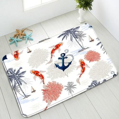 Coconut Tree Plant Boat Fish Bath Mat Hand-Painted Pattern Kitchen Bedroom Door Mat Corridor Non-Slip Carpet Washable Home Decor