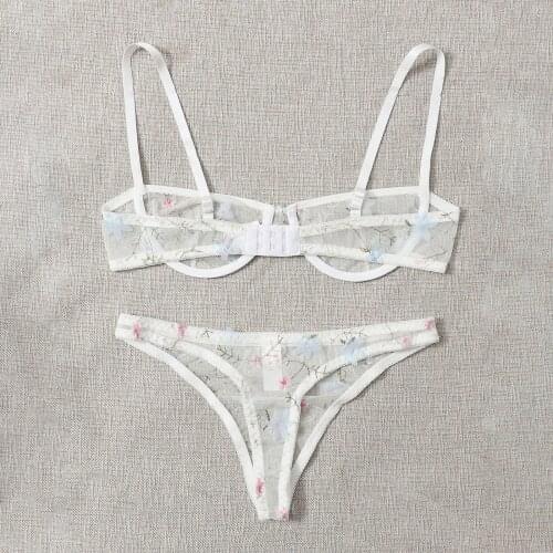Women Sexy Underwear Set Thong Flower Applique Embroidered Steel Ring Bra Thong Suit Ladies Nightwear Underwear Lingerie Sets