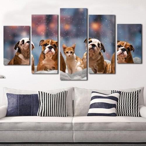 Cute dog and cat Paintings For Living Room Wall Animal Canvas Painting 5 Panel Decorative Pictures Canvas Art