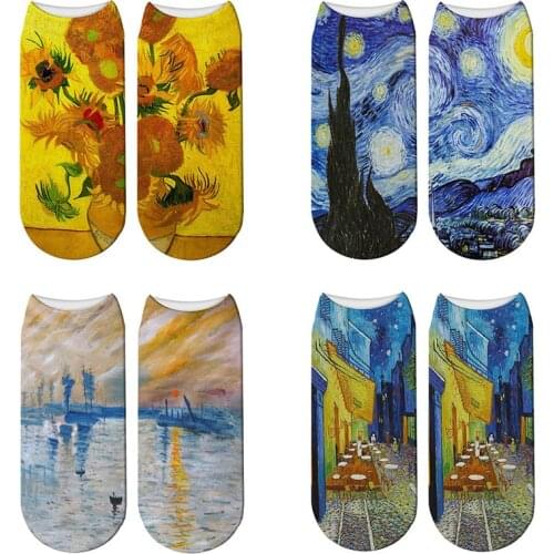 3D Printed Van Gogh Famous Oil Painting Pattern Socks Starry Night Sunflower Café Art Summer Cotton Breathable Low Ankle Socks