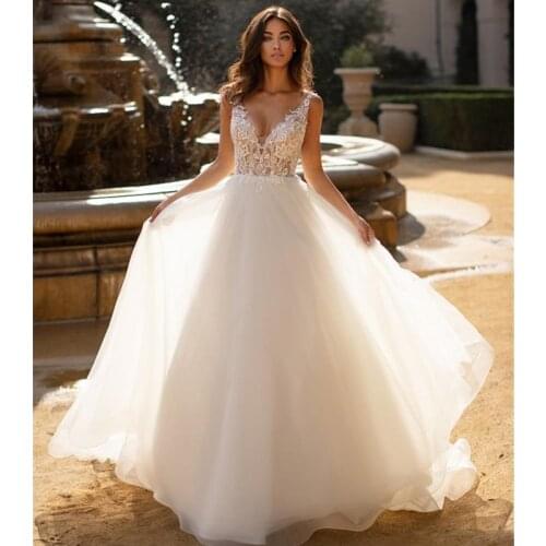 New Wedding Dresses Summer A-Line Lace Appliques with Tulle Bridal Gown V-Neck Sleeveless Backless vestido de noiva Customize