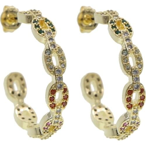 New arrived hiphop Rock Women jewelry iced out white rainbow cz open cuban link chain big hoop earring Gold fashion earrings