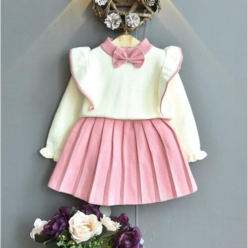 Jargazol Autumn Little Girls Clothing Set Bow Tie Knit Flying Sleeve Sweater Top&skirt Cute Korean Children Clothes Warm Clothes