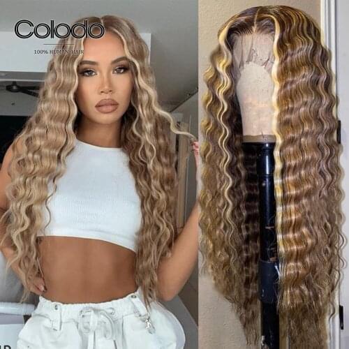 Blonde Highlight Wig Pre Plucked Deep Wave Frontal Wig with Baby Hair Glueless Ombre Lace Front Human Hair Wigs for Women COLODO