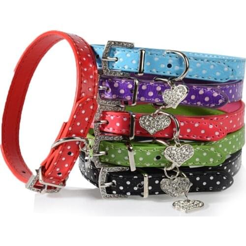 Adjustable Dog Collar Crystal Diamond Heart Pendant Puppy Necklace Doggie Neck Strap For Small Dog Pet Supplies Shiny Leather