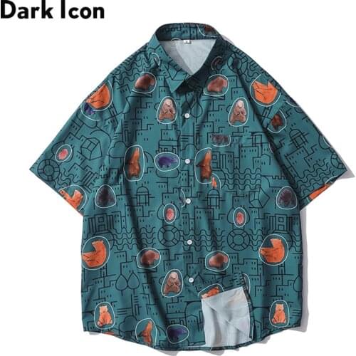 Dark Icon Printed Polo Shirt Men Turn-down Collar Hawaiian Shirts Man