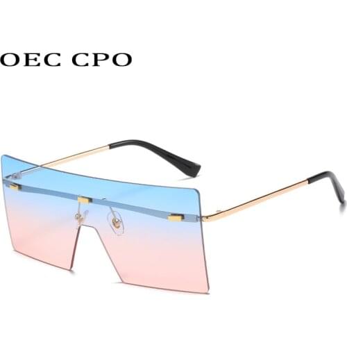 Fashion Rimless Sunglasses Women Oversized Flat Top One Piece Sun Glasses Female Rivets Blue Pink Shades Eyeglasses UV400 Oculos