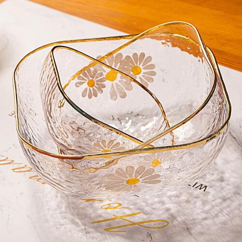 Japanese Style Iceberg Glass Bowl with Glod Rim Transparent Pink Salad Fruit Soup Dessert Snack Foods Mixing Bowl Tea Wash