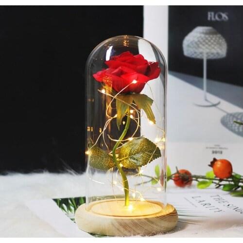 Wedding Banquet Mothers Day Gift Glass Dome Gold Plated Beauty and Beast Red Rose