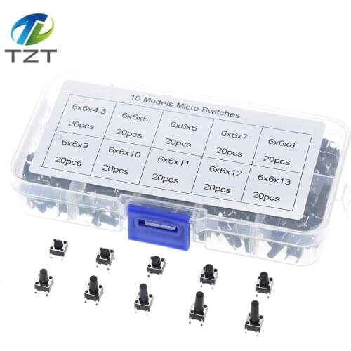 200PCS 10 models 100pcs 6*6 Tact Switch Tactile Push Button Switch Kit, Height: 4.3MM~13MM DIP 4P micro switch 6x6 Key switch