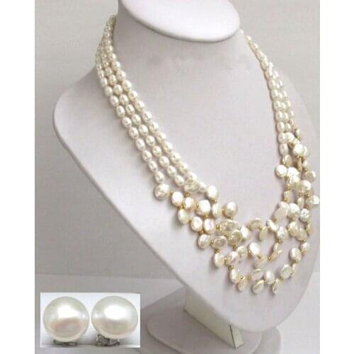 3row white round coin rice Pearls Necklace 20inch earring