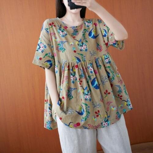 Oversized Women Cotton Linen T-shirts New Arrival 2021 Summer Vintage Style Floral Print Loose Female Casual Tops Tees S2910