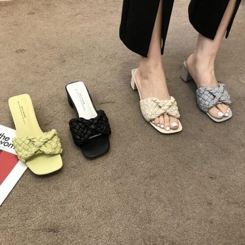 Women Slippers Ins Internet Celebrity High Heel Slippers 2021 New Woven Lazy Shoes Outdoor Slippers Womens Shoes