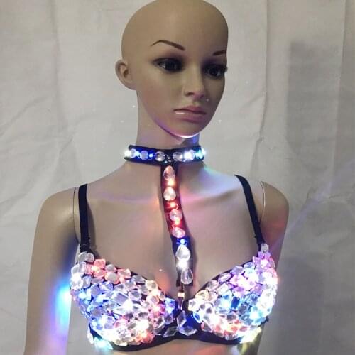 Female Sexy Silver Sparkling Diamond LED Bra,Handmade Diamond Brassiere Night Club Crystal Bras Bikini Ballroom Dancing LED Bras