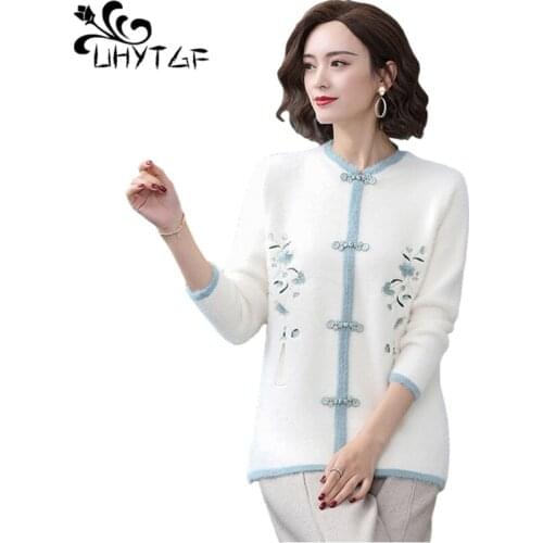 UHYTGF Autumn Winter Sweater Women Fashion Embroidered Mink Fleece Knitted Top Female Retro Pullover Casual Bottoming Shirt 1392