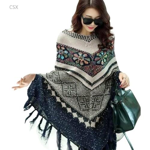 European Women Pullover Knitwear Geometrical Pattern Sweater Cloak Poncho Cap Sweater Tassel Women Knit Top Drop Shipping 41