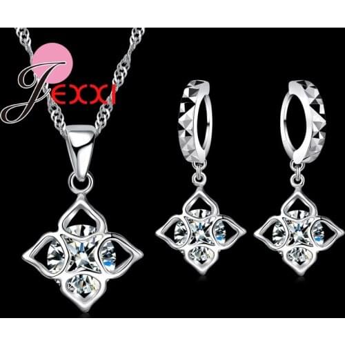 Lady New Fashion Crystal Jewelry Sets hollow Square 925 Sterling Silver Weddings/ Engagements Necklace Pendant Earrings Sets