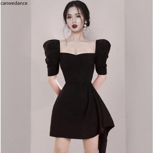 2020 High Quality Summer Prom Dress Runway Women Square Collar Ruffles Puff Sleeve Party Dresses Sexy Red Bodycon Dress