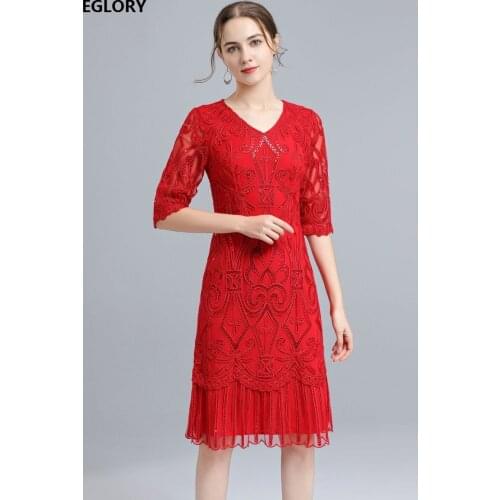 Sequined Dress 2021 Spring Summer Party Events Women V-Neck Allover Appliques Embroidery Sequined Red Yellow Dress Vintage 4XL