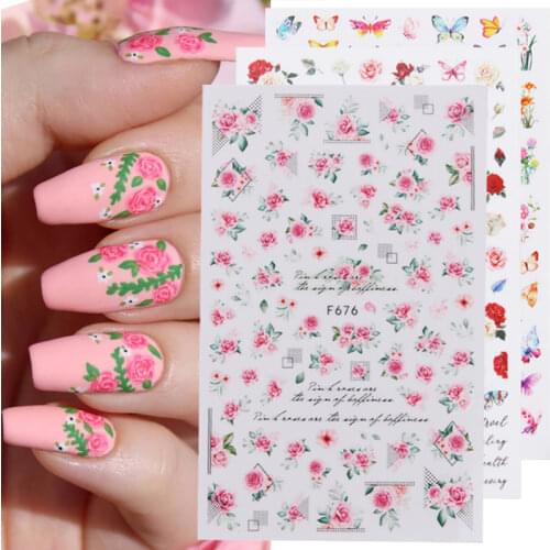 1 Sheet Colorful Butterfly Nails Art Stickers Summer Flowers Rose Transfer Decals 3D DIY Nail Decorations Slider Manicure Wraps