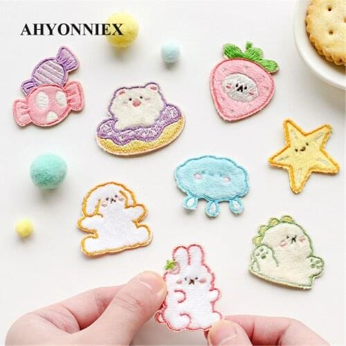 AHYONNIEX 1 Piece Embroidery Rabbit Candy Star Patches Bag Jacket Jeans Cartoon Iron On Patches for Clothes Small Glue Sticker