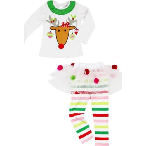Free shipping Christmas Kids Baby Girls clothes Reindeer print Ruffle pullover Tops Tutu Tulle Pants 2pc cotton newborn Outfits