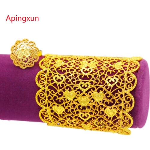 Apingxun Heart Shape Bracelet&Ring Jewelry Set 24K Gold Color Dubai/French/African Women Bridal Wedding twinkle Jewelry Mom Gift