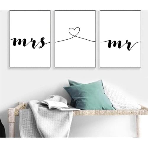 Black And White Minimalist Prints Line Heart Mr Mrs Wall Art Canvas Painting Nordic Poster Wall Pictures Couple Lover Room Decor