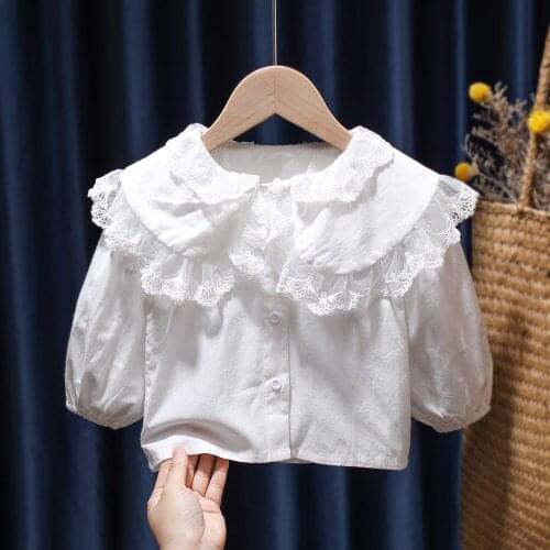 Sweet Blouse For Girls Kids Long Sleeve Fashion Lace Turn Down Collar Blouses Tops Baby Girls Cotton Shirts Children Clothing