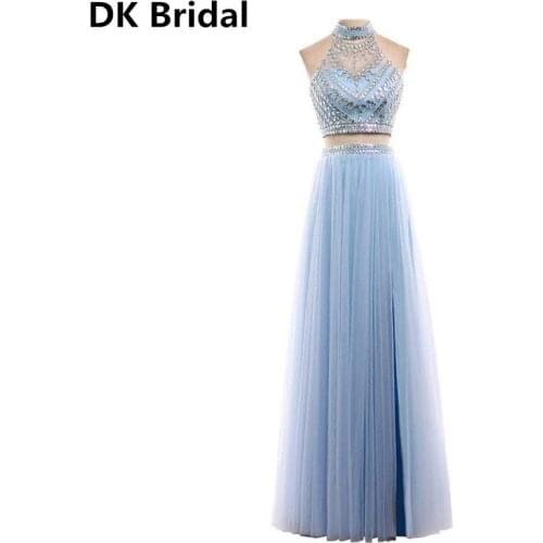 Two Pieces Long Tulle Prom Dress High Split Floor Length Crystals Formal Dress Crop Top Backless Bridesmaid Dresses robe soiree