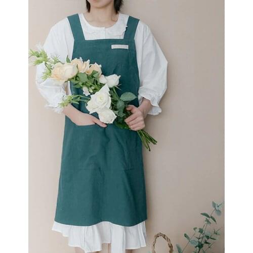 Japanese and Korean Simple Style Cotton and Linen Denim Apron Solid Color Daily Household Kitchen Florist Baking Shop Overalls