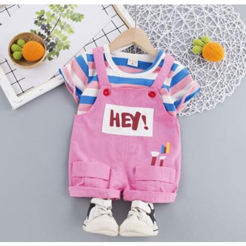 0-3Y Infant Toddler Girls 2Pcs Clothes Set Summer Fashion Short Sleeve Striped T-shirt + Cute Suspender Shorts Sets