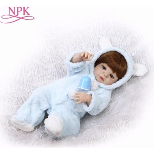 NPK 22inch newborn babies doll full silicone vinyl reborn dolls boy bebe Blue plush clothes Fashion Dolls Brown hair