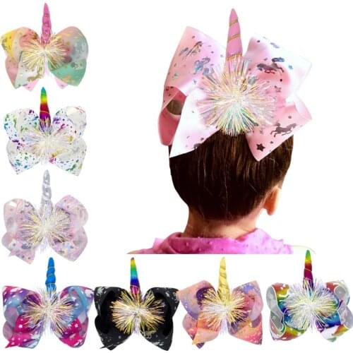 Yundfly Cute Unicorn Shiny Hair bows Clips Ribbon Bows Baby Girls Hairpins Party Birthday Hair Accessories Children Gifts